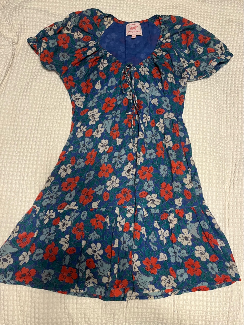 Banjanan Blue Floral Short-Sleeve Tunic with Red & White Flowers